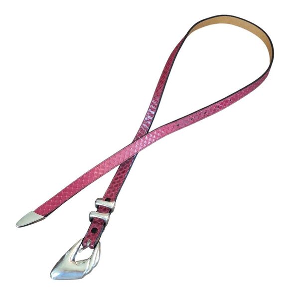 Genuine Snakeskin Belt Chrome Buckle Apple Acc of DE NY Magenta VTG 1970s Sz L - Picture 4 of 16